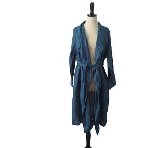 Linen Sea 100% Linen Longline Robe Kimono Womens OS Midi Blue Belted